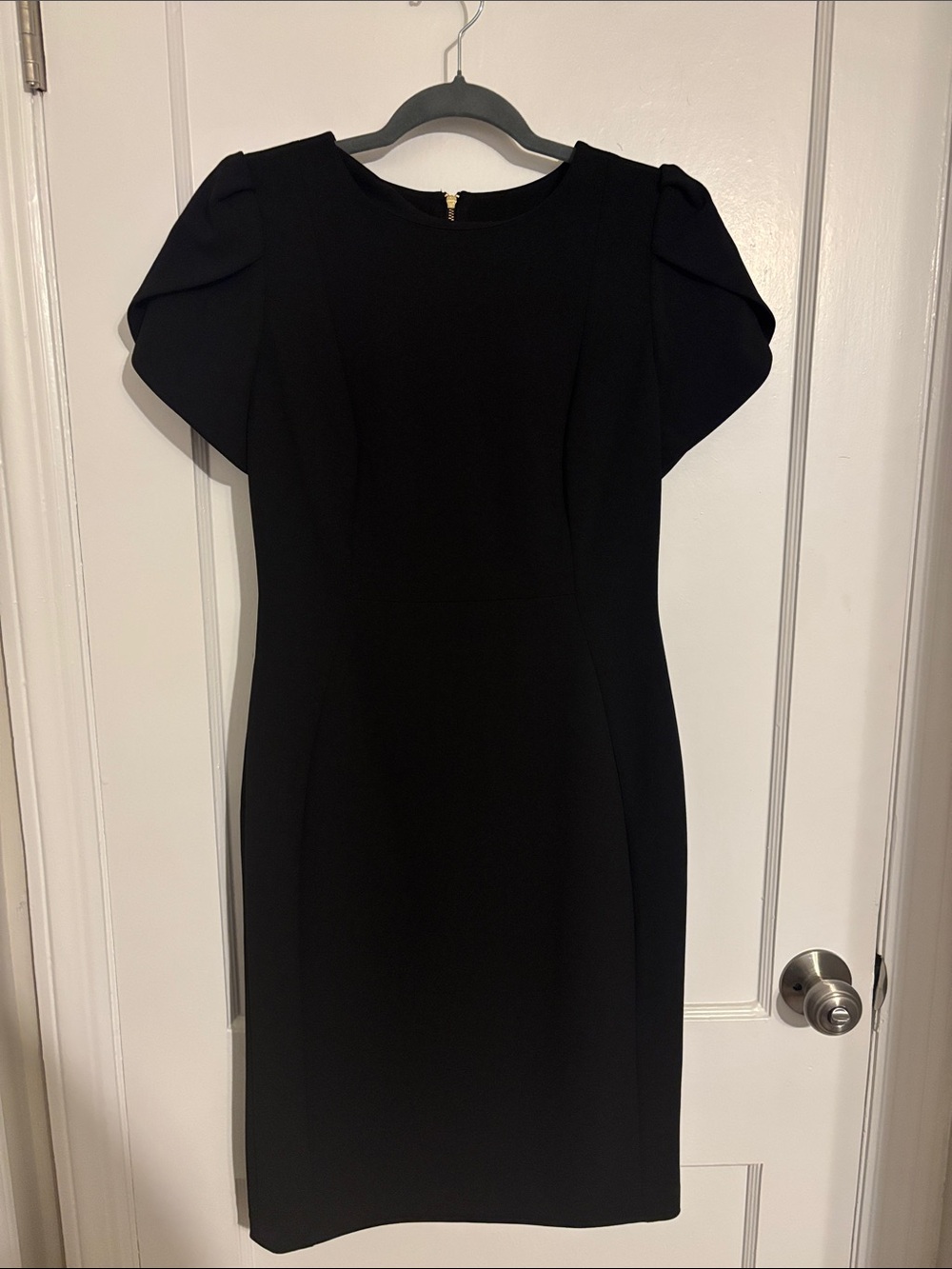 Calvin Klein Black Midi Sheath Dress with Puff Cap Sleeves